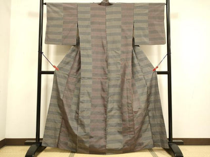平和屋着物▽本場縞大島紬　単衣　格子　正絹　逸品　DABH4983du