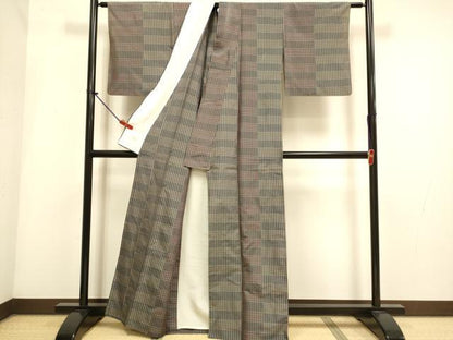 平和屋着物▽本場縞大島紬　単衣　格子　正絹　逸品　DABH4983du