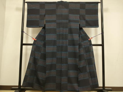 平和屋着物▽本塩沢　単衣　横段文　正絹　逸品　DABH4987du