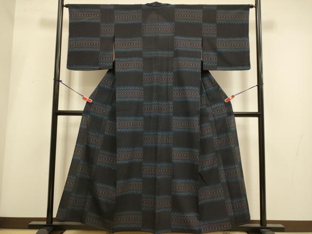 平和屋着物▽本塩沢　単衣　横段文　正絹　逸品　DABH4987du