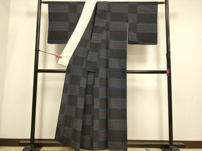 平和屋着物▽本塩沢　単衣　横段文　正絹　逸品　DABH4987du