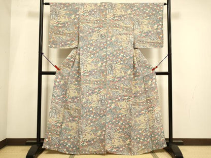 平和屋着物▽上質な小紋　単衣　型染　御所車風景花文　鬼しぼ縮緬　正絹　逸品　DABH4990du