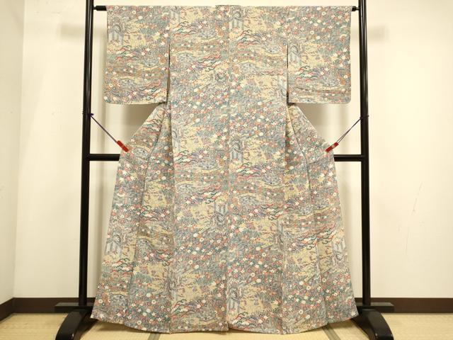 平和屋着物▽上質な小紋　単衣　型染　御所車風景花文　鬼しぼ縮緬　正絹　逸品　DABH4990du