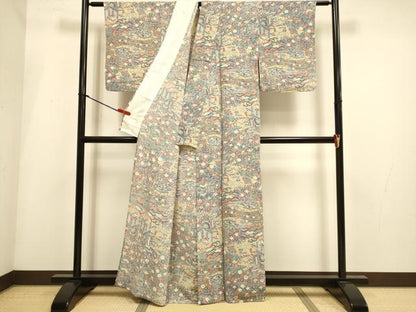 平和屋着物▽上質な小紋　単衣　型染　御所車風景花文　鬼しぼ縮緬　正絹　逸品　DABH4990du