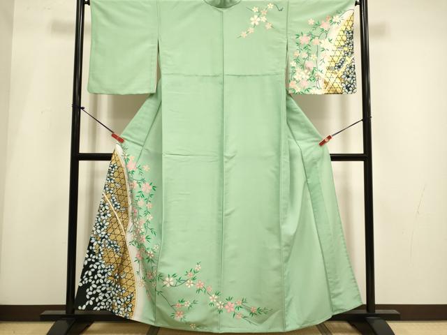 平和屋着物▽訪問着　単衣　枝桜文　暈し染め　金彩　洗える着物　DABH4994du
