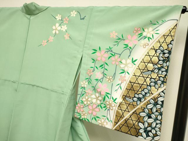 平和屋着物▽訪問着　単衣　枝桜文　暈し染め　金彩　洗える着物　DABH4994du