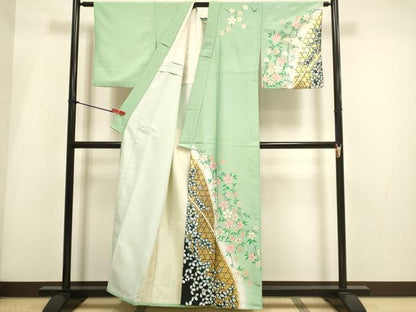 平和屋着物▽訪問着　単衣　枝桜文　暈し染め　金彩　洗える着物　DABH4994du
