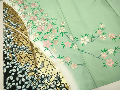 平和屋着物▽訪問着　単衣　枝桜文　暈し染め　金彩　洗える着物　DABH4994du