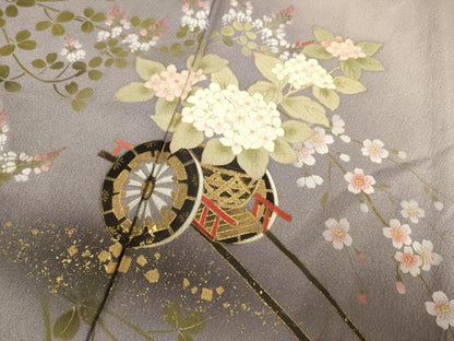 平和屋着物▽訪問着　単衣　花車文　暈し染め　金彩　正絹　逸品　DABH4999du