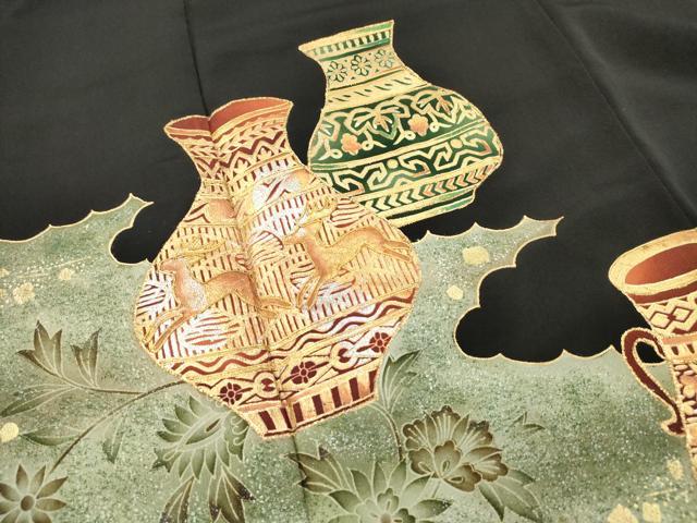平和屋着物■豪華黒留袖　駒刺繍　陶器花文　金銀彩　正絹　逸品　DABH5023ea