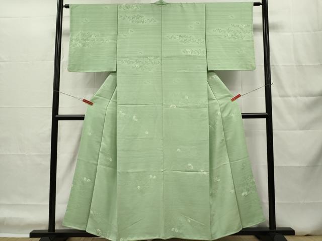 平和屋着物■上質な小紋　絞り　舞花地紋　薄萌葱色　正絹　逸品　DABH5027ea