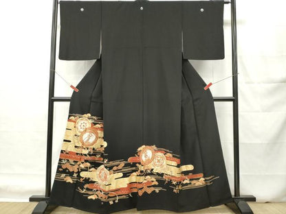 平和屋着物■豪華黒留袖　駒刺繍　鏡裏宝尽くし花文　松竹梅　金彩　正絹　逸品　DABH5037ea