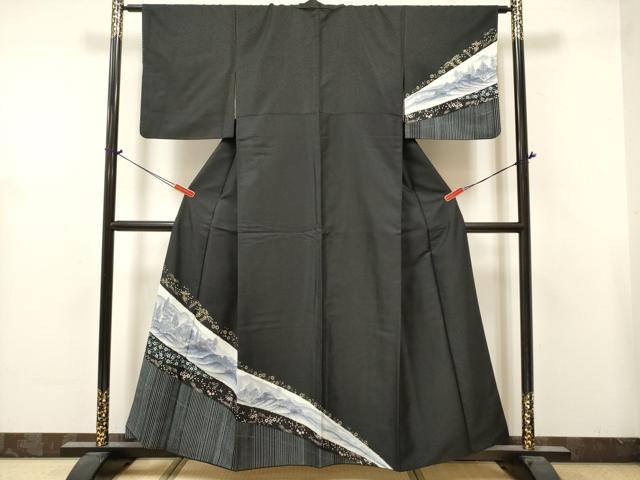平和屋着物■訪問着　手描き　風景鳳凰花文　黒地　金彩　洗える着物　DABH5054ea