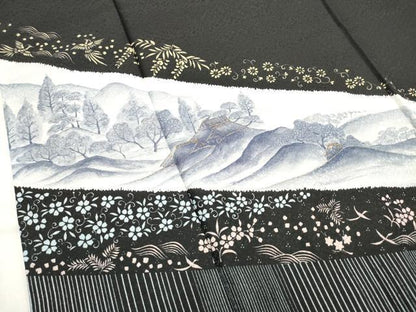 平和屋着物■訪問着　手描き　風景鳳凰花文　黒地　金彩　洗える着物　DABH5054ea