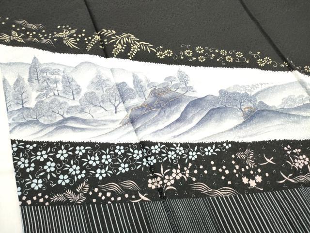 平和屋着物■訪問着　手描き　風景鳳凰花文　黒地　金彩　洗える着物　DABH5054ea