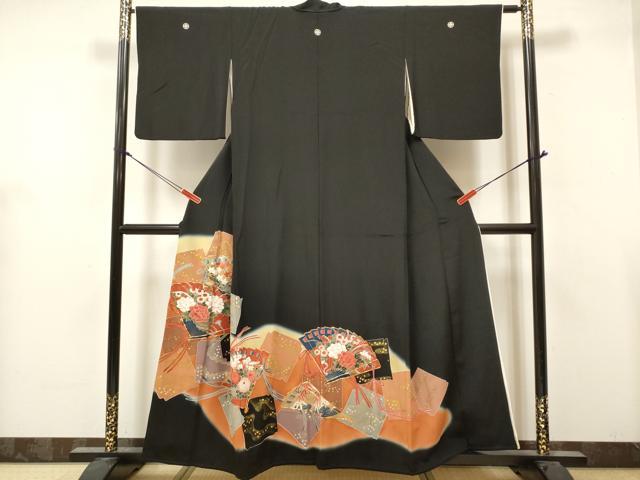 平和屋着物■豪華黒留袖　駒刺繍　色紙重ね　檜扇花文　暈し染め　金銀彩　正絹　逸品　DABH5078ea
