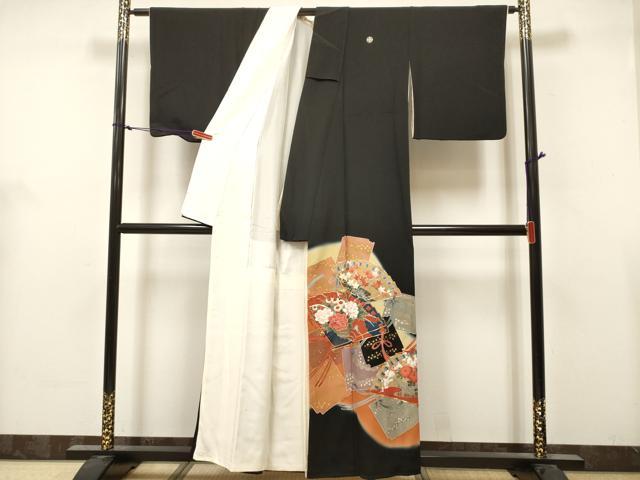 平和屋着物■豪華黒留袖　駒刺繍　色紙重ね　檜扇花文　暈し染め　金銀彩　正絹　逸品　DABH5078ea