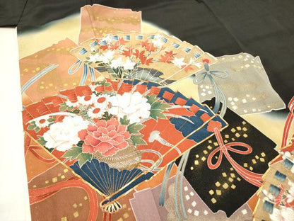 平和屋着物■豪華黒留袖　駒刺繍　色紙重ね　檜扇花文　暈し染め　金銀彩　正絹　逸品　DABH5078ea