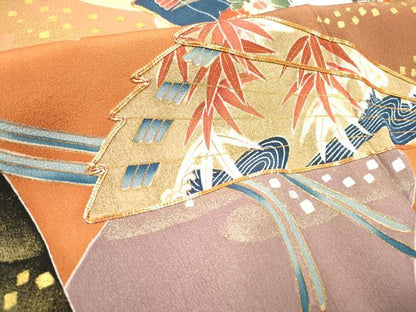 平和屋着物■豪華黒留袖　駒刺繍　色紙重ね　檜扇花文　暈し染め　金銀彩　正絹　逸品　DABH5078ea