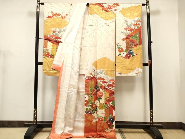 平和屋着物■豪華振袖　駒刺繍　幔幕雲重ね花文　松竹梅　金彩　金通し地　正絹　逸品　DABH5084ea