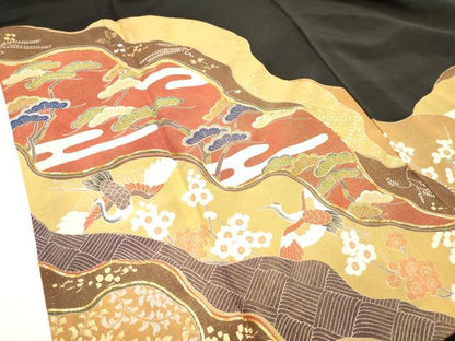 平和屋着物■豪華黒留袖　駒刺繍　道長飛鶴花松文　金彩　正絹　逸品　DABH5120ea