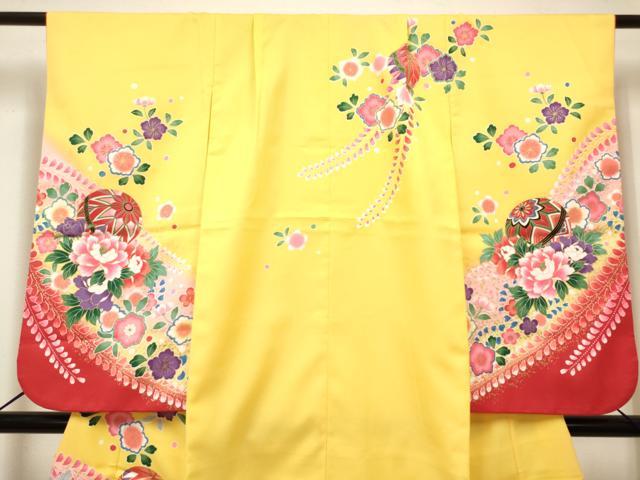 平和屋着物[]七五三　女の子　７歳　祝着　四つ身　花鞠文　暈し染め　金彩　未使用　DABH5122ea