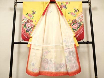 平和屋着物[]七五三　女の子　７歳　祝着　四つ身　花鞠文　暈し染め　金彩　未使用　DABH5122ea