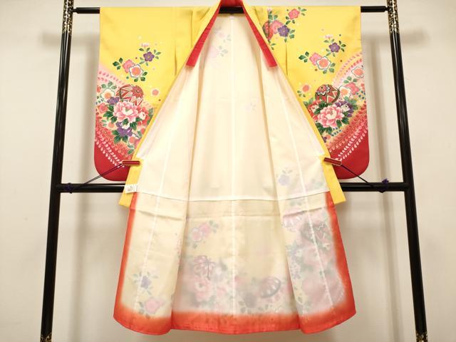 平和屋着物[]七五三　女の子　７歳　祝着　四つ身　花鞠文　暈し染め　金彩　未使用　DABH5122ea