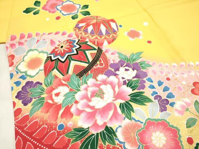 平和屋着物[]七五三　女の子　７歳　祝着　四つ身　花鞠文　暈し染め　金彩　未使用　DABH5122ea