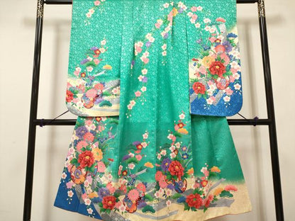 平和屋着物[]七五三　女の子　７歳　祝着　四つ身　鼓花松文　枝垂れ桜　暈し染め　金彩　洗える着物　DABH5123ea