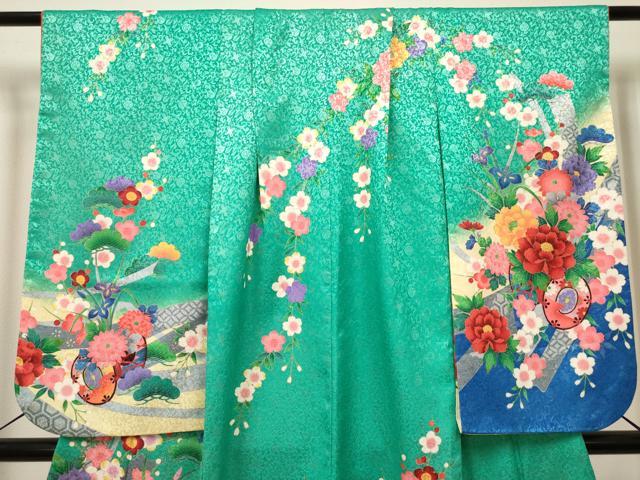 平和屋着物[]七五三　女の子　７歳　祝着　四つ身　鼓花松文　枝垂れ桜　暈し染め　金彩　洗える着物　DABH5123ea