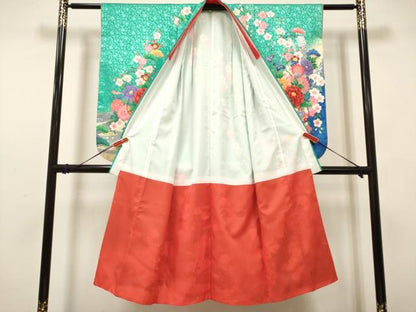 平和屋着物[]七五三　女の子　７歳　祝着　四つ身　鼓花松文　枝垂れ桜　暈し染め　金彩　洗える着物　DABH5123ea