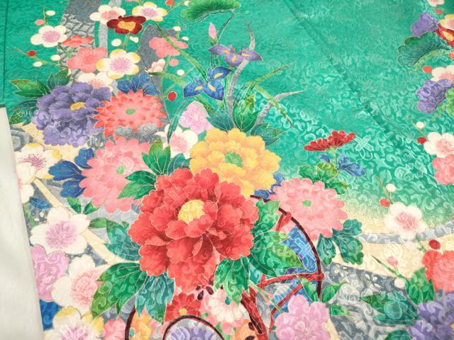 平和屋着物[]七五三　女の子　７歳　祝着　四つ身　鼓花松文　枝垂れ桜　暈し染め　金彩　洗える着物　DABH5123ea