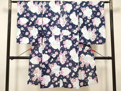 平和屋着物＊夏物 綿紅梅 浴衣 女の子 子供 雪輪撫子文 綿 逸品 未使用 DABH5124ea