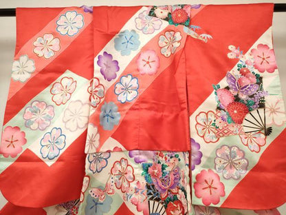平和屋着物[]七五三　女の子　３歳　祝着　三つ身　扇面花蝶文　金彩　逸品　DABH5125ea
