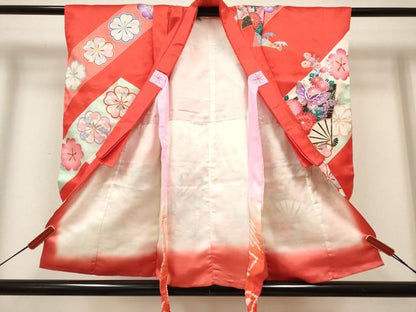 平和屋着物[]七五三　女の子　３歳　祝着　三つ身　扇面花蝶文　金彩　逸品　DABH5125ea