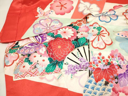 平和屋着物[]七五三　女の子　３歳　祝着　三つ身　扇面花蝶文　金彩　逸品　DABH5125ea