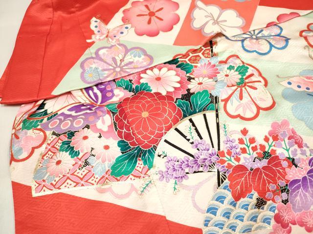 平和屋着物[]七五三　女の子　３歳　祝着　三つ身　扇面花蝶文　金彩　逸品　DABH5125ea