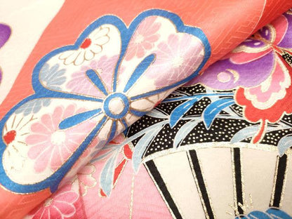 平和屋着物[]七五三　女の子　３歳　祝着　三つ身　扇面花蝶文　金彩　逸品　DABH5125ea