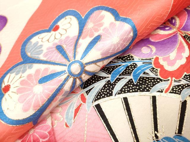 平和屋着物[]七五三　女の子　３歳　祝着　三つ身　扇面花蝶文　金彩　逸品　DABH5125ea