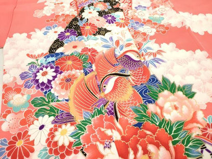 平和屋着物[]七五三　女の子　７歳　祝着　四つ身　駒刺繍　渡橋鴛鴦花文　金彩　DABH5126ea