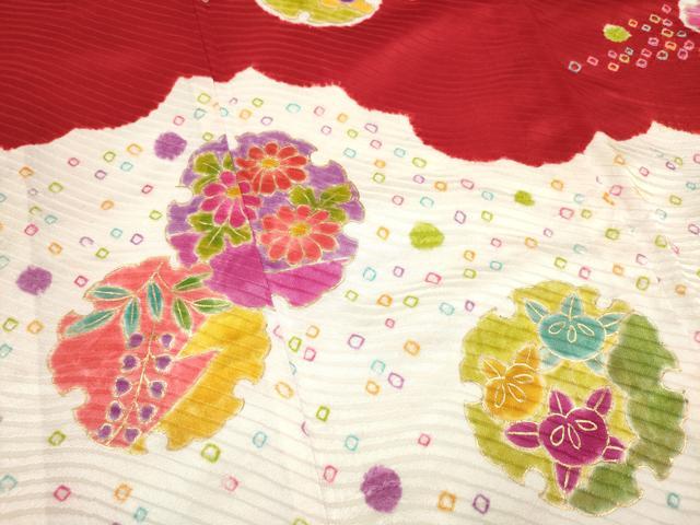 平和屋着物[]七五三　女の子　７歳　祝着　四つ身　絞り　雪輪花文　金彩　逸品　DABH5128ea