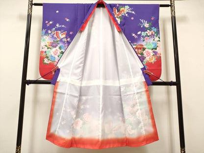 平和屋着物[]七五三　女の子　７歳　祝着　四つ身　花蝶鞠文　暈し染め　金彩　DABH5129ea