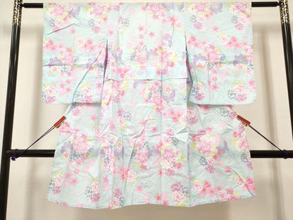 平和屋着物＊夏物　綿紅梅　浴衣　女の子　子供　花蝶文　綿　逸品　DABH5130ea
