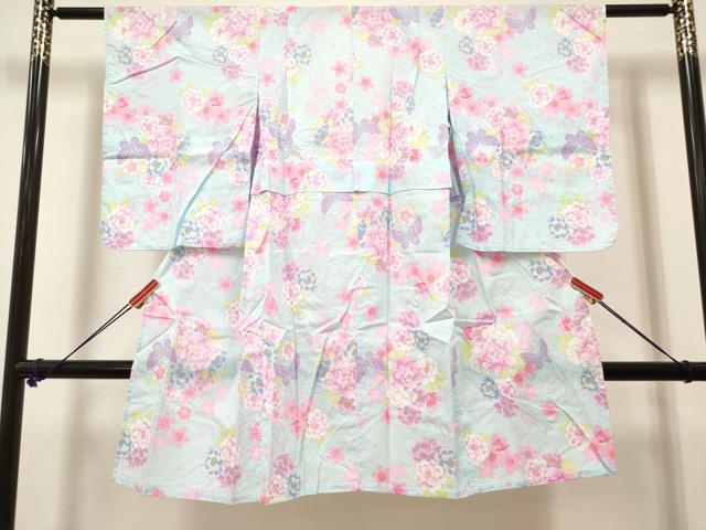 平和屋着物＊夏物　綿紅梅　浴衣　女の子　子供　花蝶文　綿　逸品　DABH5130ea