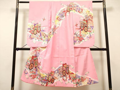 平和屋着物[]七五三　女の子　７歳　祝着　四つ身　御所車花蝶文　暈し染め　金彩　DABH5131ea