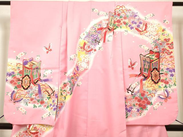 平和屋着物[]七五三　女の子　７歳　祝着　四つ身　御所車花蝶文　暈し染め　金彩　DABH5131ea