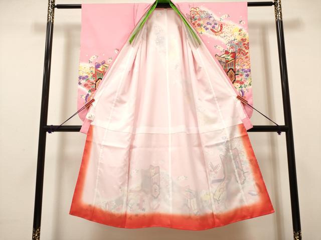 平和屋着物[]七五三　女の子　７歳　祝着　四つ身　御所車花蝶文　暈し染め　金彩　DABH5131ea