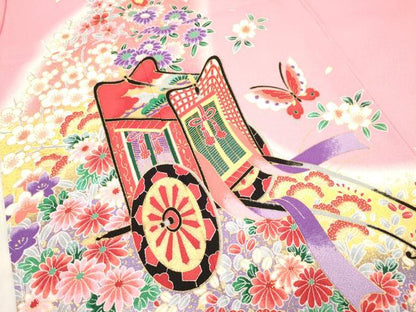 平和屋着物[]七五三　女の子　７歳　祝着　四つ身　御所車花蝶文　暈し染め　金彩　DABH5131ea