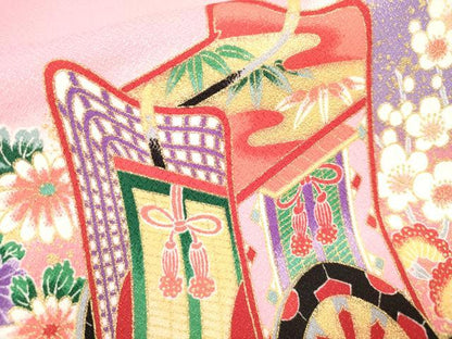 平和屋着物[]七五三　女の子　７歳　祝着　四つ身　御所車花蝶文　暈し染め　金彩　DABH5131ea